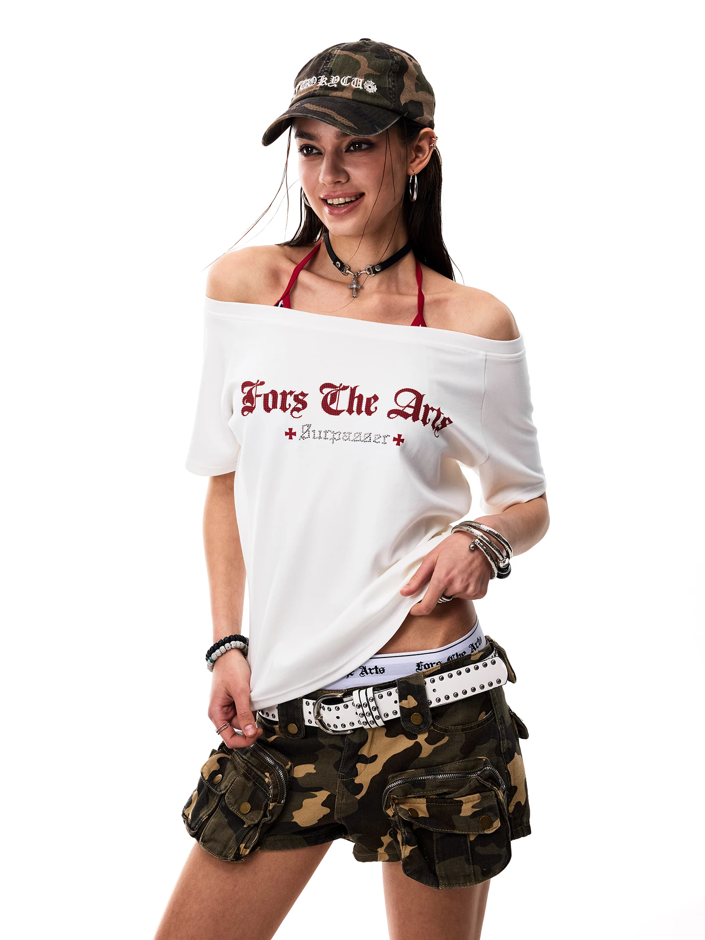 斜め肩デザインのレトロな短袖Tシャツ【クロスプリント・ゆったりシルエット・夏用】