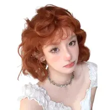 オレンジ色のショートカールウィッグ【復古スタイル・ドール用・フルヘッドセット】