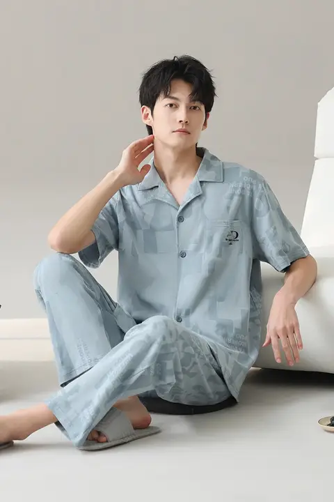 男性用夏用パジャマ【純綿・短袖・ロングパンツ・極上の柔らかさ・家庭用・外出可能】（セットアップ対応）