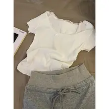 パジャマ ルームウェア 2点セット レディース 大きいサイズ フレンチ風 レース クルーネック 半袖 Tシャツ ショートパンツ 夏