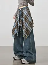 レディース デニム風レイヤードシャツ【チェック柄・ワイドレッグパンツ・フレアデザイン】（セットアップ対応）