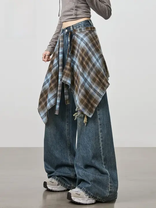 レディース デニム風レイヤードシャツ【チェック柄・ワイドレッグパンツ・フレアデザイン】（セットアップ対応）