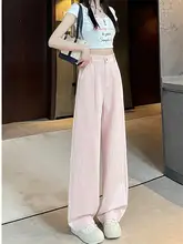 ブルーストライプのテクスチャー ワイドレッグパンツ【アメリカンスタイル・ハイウエスト・スリム効果】（セットアップ対応）