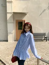 デザイン性のある青いストライプの長袖シャツ【ウエストゴム・女性用・秋用】