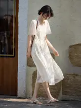 XWI エレガントな立体刺繍の夏用ワンピース【ウエスト絞り・天絲素材・ホワイト】