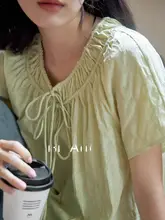 刺繍入り短袖Vネックシャツ【夏用・海沫緑・レディース・シフォン】