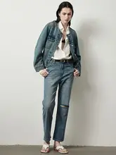 因由 夏用 ニットデニム パンツ【レディース・ハイウエスト・ストレート・9分丈・伸縮性・ルーズフィット】