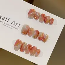 高級感ある手作りネイルチップ【秋冬向け・琥珀風・短めデザイン】