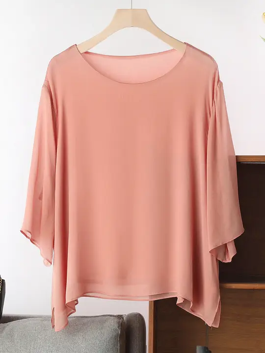 極上の柔らかさのダブルレイヤーシルクブラウス【夏用・短丈・チュニック・洗練デザイン】