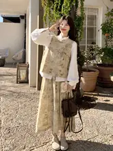 黄色の国風プリントスカート【春・新中式・ノースリーブシャツ・膝下丈・スカート・（セットアップ対応）】