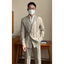 春季イタリアンスタイルダブルボタン休閒ジャケット【ヘリンボーン柄・二ピース】（セットアップ対応）
