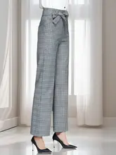 高身長女性用 パンツ ロング ゆったり チェック柄 イギリス風 ハイウエスト レトロ ストレートパンツ