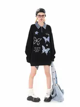 スウェット ポロシャツ ユニセックス 蝶刺繍 ルーズ アメリカン風 ストリート インスタ映え 春 秋 「BOEAX」