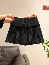黒地に水玉模様のハイウエストAラインスカート【女性用・夏用・短め】