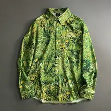 草緑色の植物油彩フラワープリント長袖シャツ【レトロ・春秋用・ユニセックス】
