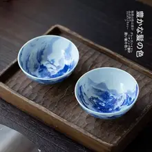手描き山水デザインの青花瓷普洱茶杯【高級陶器・ハンドメイド】