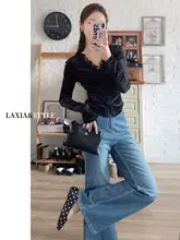 高腰デニムパンツ【四方向ストレッチ・フレア・レトロ・広がりにくいデザイン・春秋用】（セットアップ対応）
