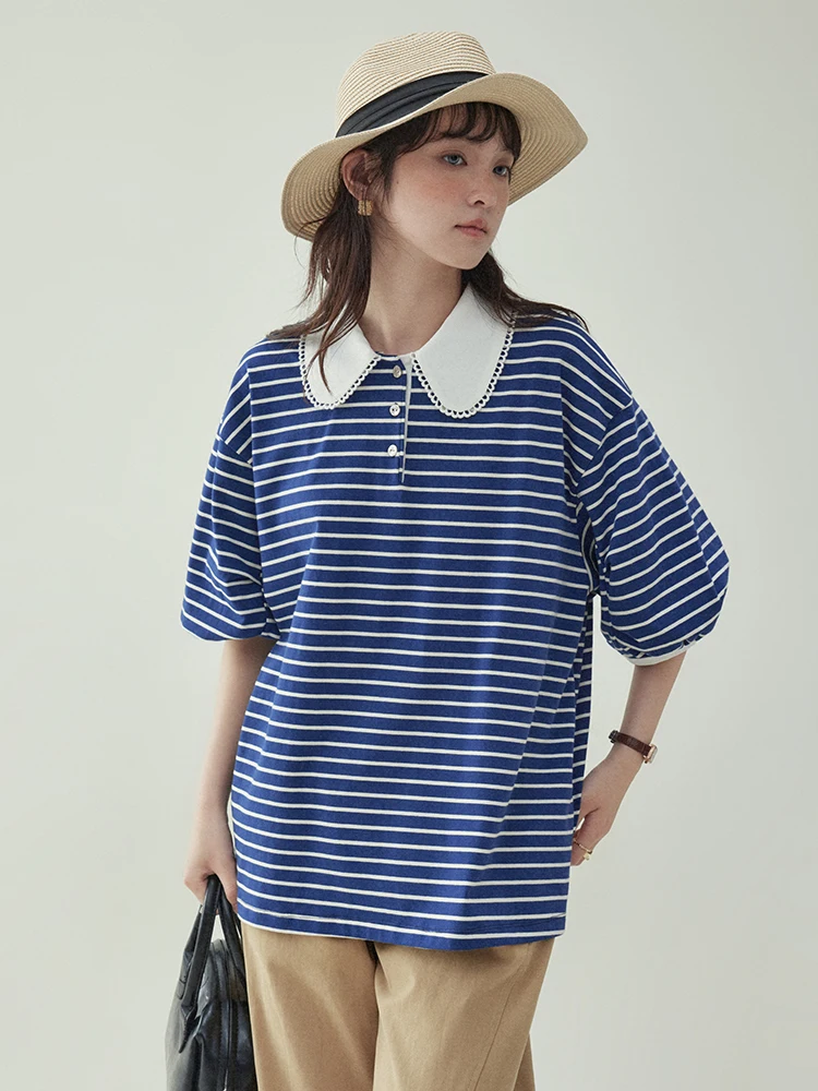 ブルーとホワイトのストライプ柄 フレンチカラー五分袖Tシャツ【女性用・夏向け・ゆったりデザイン】