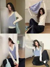 Vネック白色長袖ニットトップス【春用・インナー・ニットキャミソール付き】（セットアップ対応）