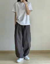 9TH レディース春夏用 グレー ゆったりワイドパンツ【男女兼用・松緊ウエスト・カジュアルデザイン】