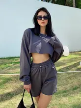 高腰露お腹短袖トレーナー【カジュアル・女性用・ショートパンツ・夏用】（セットアップ対応）