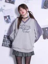 SagiDolls 女子フード付きVネックスウェットシャツ【グレー＆パープル・ゆったりシルエット】