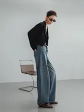 感あふれるハイウエストワイドレッグデニムパンツ【ゆったり・カジュアル・トレンドスタイル】（セットアップ対応）