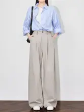 春にぴったり！シンプルなデザインの高腰リネン混パンツ【浅灰色・ストレート・ラグジュアリー】