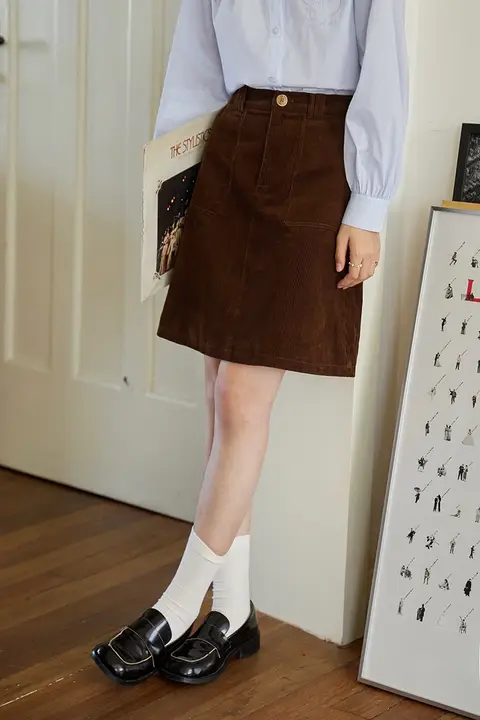 ミニスカート レディース コーデュロイ コットン 刺繍 ハイウエスト Aライン 着痩せ フレンチ風 ヴィンテージ