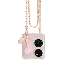 防摔透明スマートフォンケース【Huawei Pocket 2対応・女性向け・長背パーツ付き・斜め掛け・折りたたみ式】