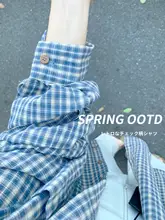 ブルーのレトロチェック柄シャツジャケット【春夏・ゆったりフィット・したスタイル・UVカット】