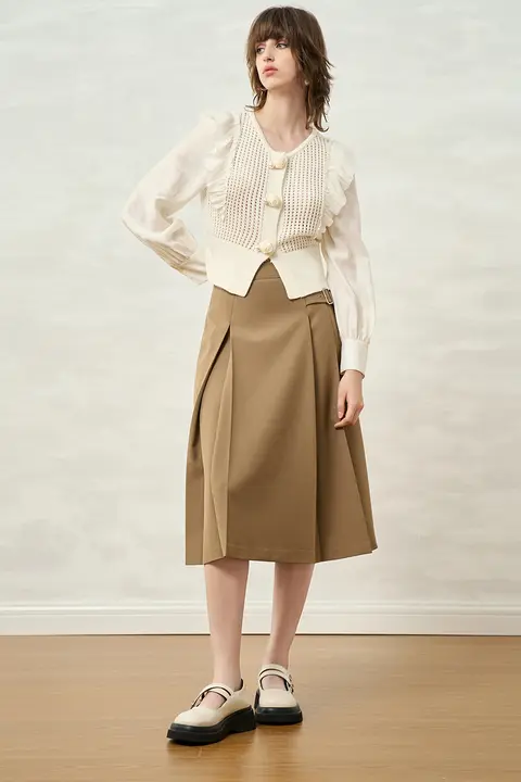 春季新作 レディース ハイウエストプリーツAラインスカート【スタイルアップ・ミディ丈・エレガント】