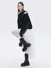 前短後長不規則デザインのウエストゴム パフスカート【エアリーメッシュ・白・Aライン】（セットアップ対応）