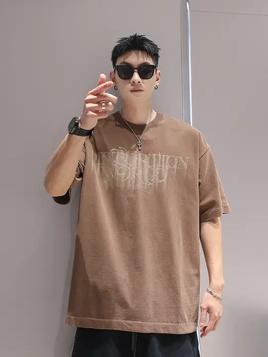 美しいプリントのラウンドネック半袖Tシャツ【メンズ・ルーズフィット・カジュアルデザイン】