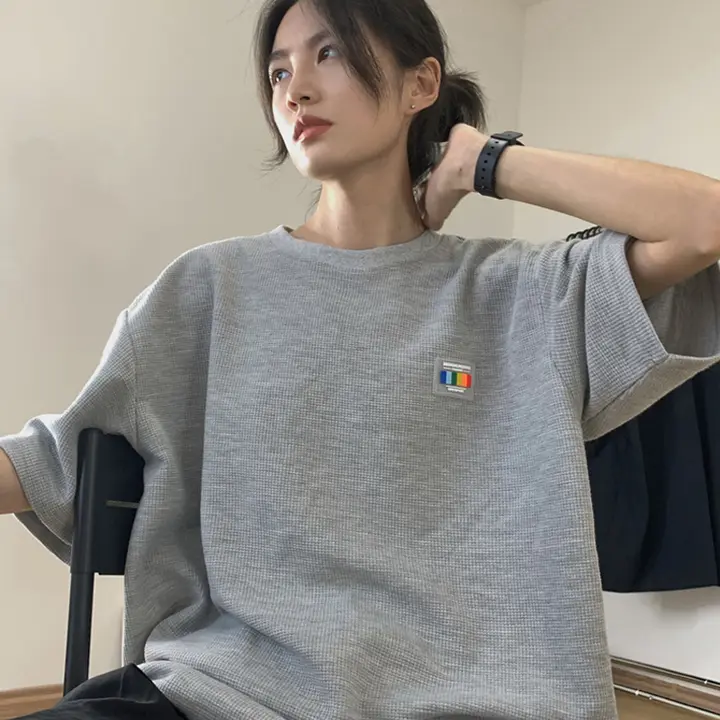夏用カラフルワッフルTシャツ【レディース・ショートスリーブ・カップル用・虹デザイン】