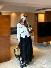 白色ラウンドネック短丈長袖ニットトップス【デザイン性のあるカーディガン・秋用】