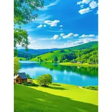大自然の美しい風景ポスター【草原と湖・自粘性・寝室・リビング用・壁画】
