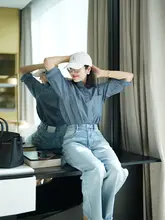 高腰ワイドレッグデニムパンツ【コットンリネン・ストレート・美脚効果】