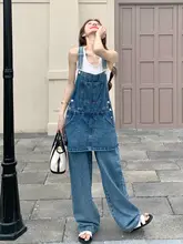 ブルーのデニムサロペットパンツ【カジュアルデザイン・女性用・長ズボン】（セットアップ対応）