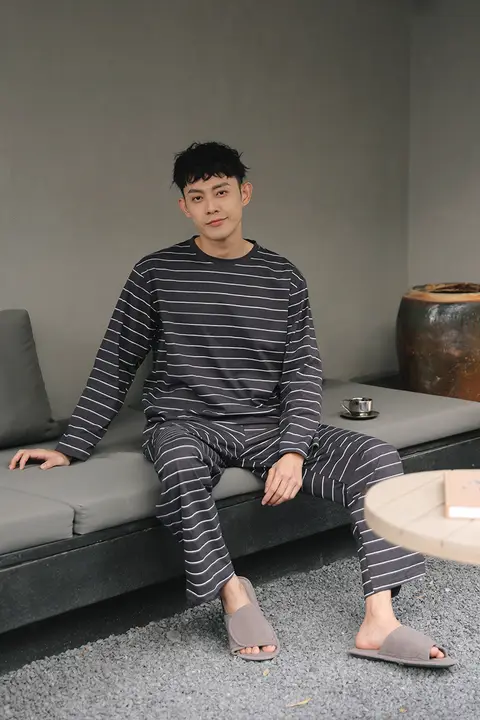 男性用 睡眠着【純綿・薄手・長袖・カジュアルなストライプ・家でも外出もOK】（セットアップ対応）