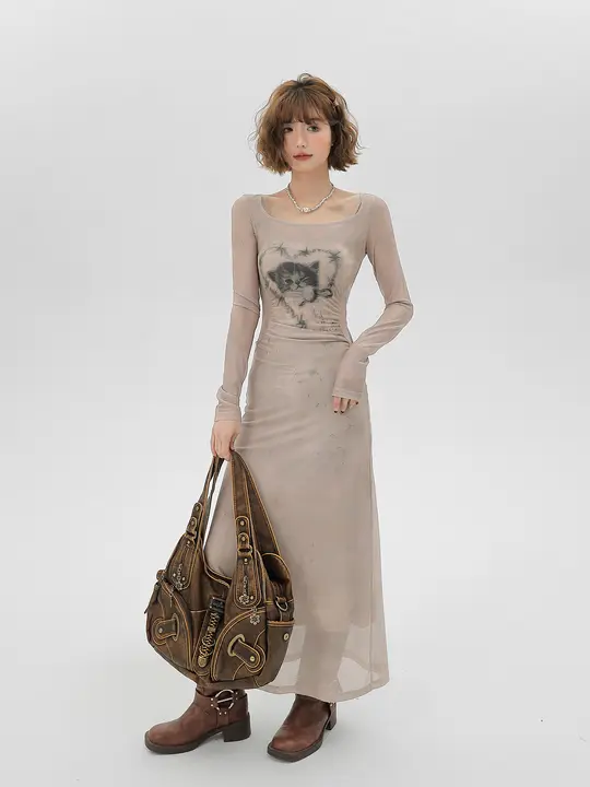 セクシーなメッシュデザインの包臀ワンピース【長袖・春用・女性用】