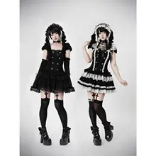 ワンピース レディース ロリータ クラシカルゴシック ドール風 ダーク クロスモチーフ レース ローウエスト ティアード 着痩せ