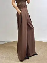高級リネン製 夏用コーヒーブラウン ワイドレッグパンツ【ゆったりフィット・通勤対応・スリム効果】（セットアップ対応）