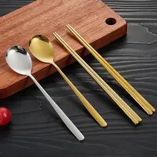 韓国風304ステンレス製フラットな箸【防滑設計・家庭用・焼肉店・レストラン用・スプーンと箸の食器】

