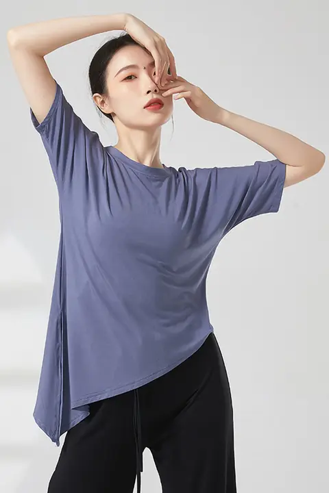 モダンバレエ練習服【不規則デザイン・モダール素材・黒・夏用・ゆったりTシャツ】