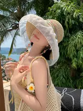 フラワープリントの網タイ製女性用夏用サンハット【ビーチやリゾートに最適・大きなつば・草編み】