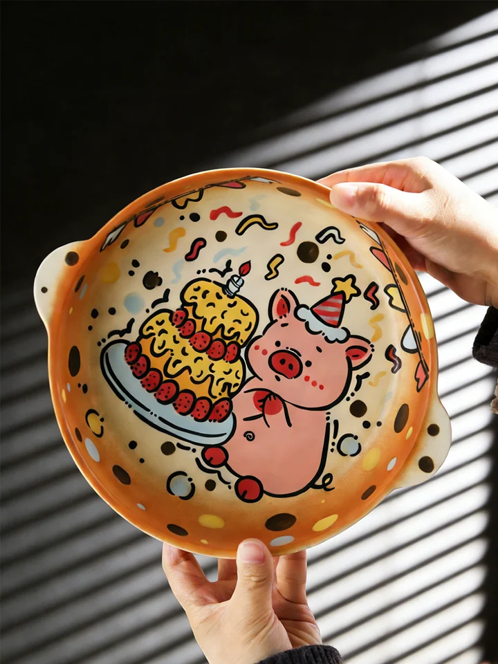 かわいい豚デザインの陶器製二つ耳皿【カートゥーンスタイル・贈り物にも最適】