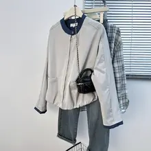 春用 大きいサイズの立襟デニム切替ベースボールジャケット【ゆったりとしたカジュアルデザイン】
