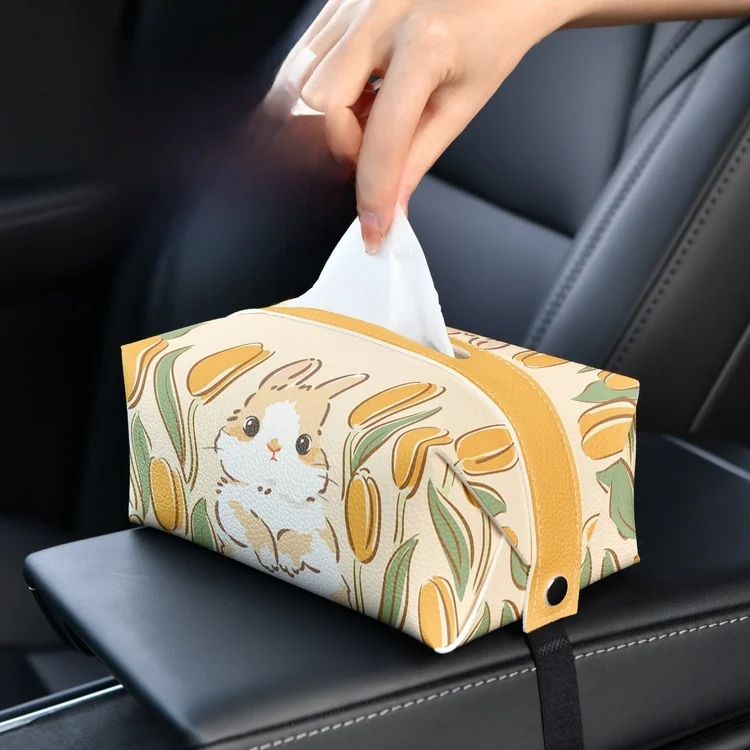 可愛いウサギデザインのレザー製ティッシュボックス：北欧風台面式でオフィスとリビングに最適
