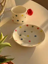 ヴィンテージ風カラフルドット柄陶器カフェカップ＆ソーサー【ラテアート・家庭用・アフタヌーンティー用】